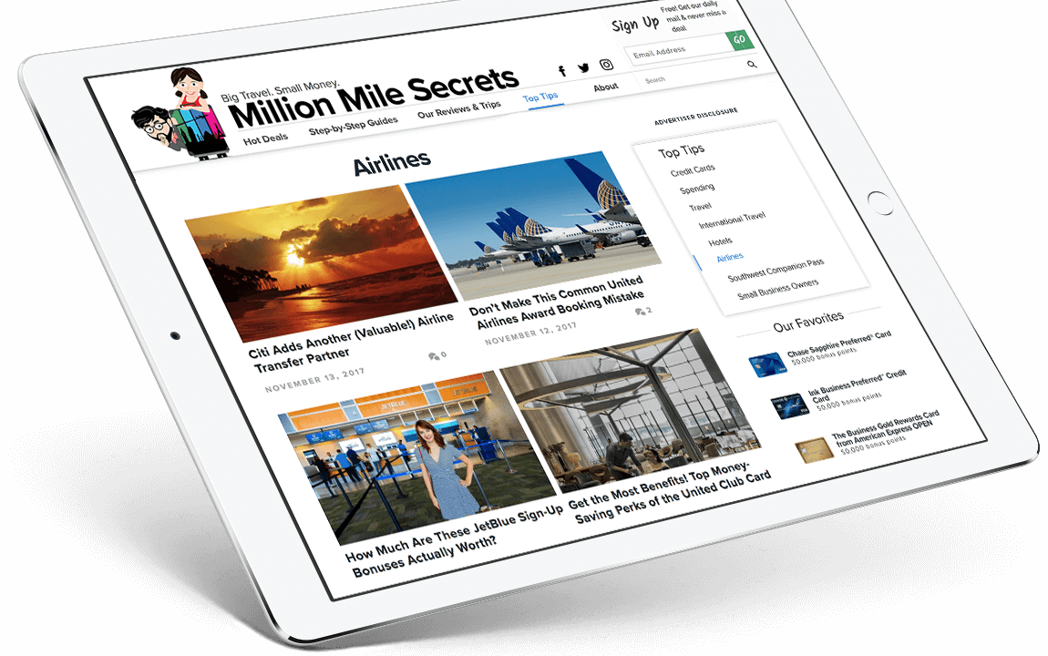 Million Mile Secrets website tablet view